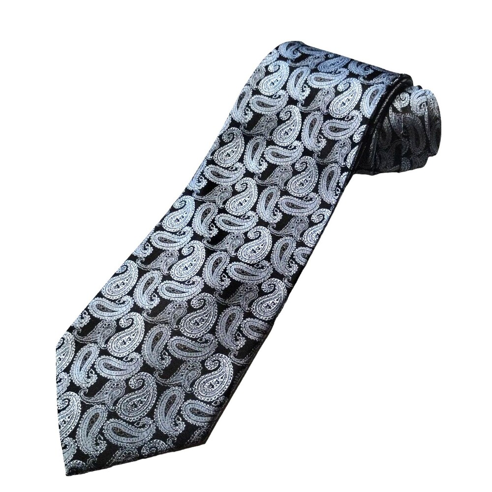 Neck Tie 100% Silk Light Blue Black Classic Paisley 60" Hand Sewn Vintage
